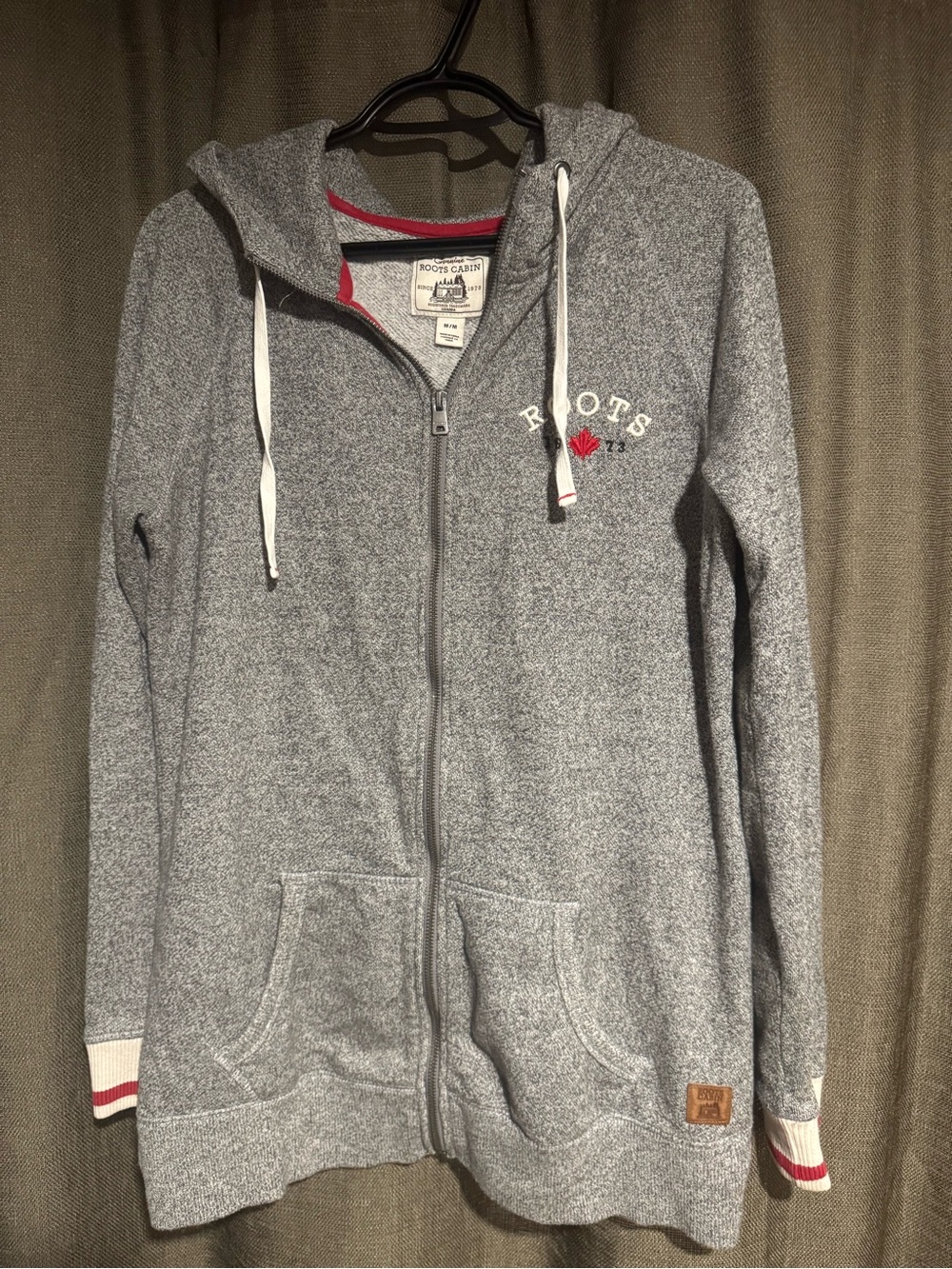 Roots Women's Heather Grey Zip-Up Hoodie with Red Trim